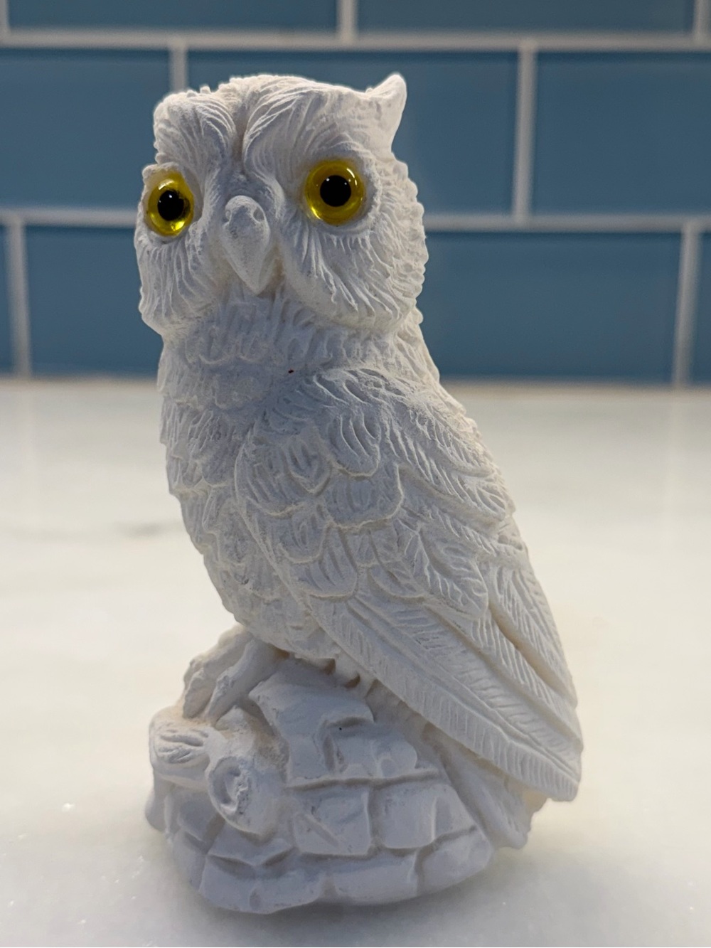 White Owl Figurine Yellow Glass Eyes Plaster Chalkware Bird Decor 5” Unmarked